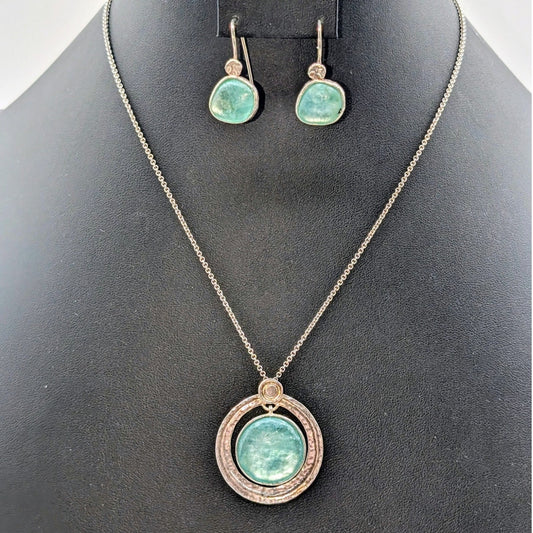 Vtg 925 Sterling Silver Israel Made Roman Glass Pendant Necklace & Earring Set