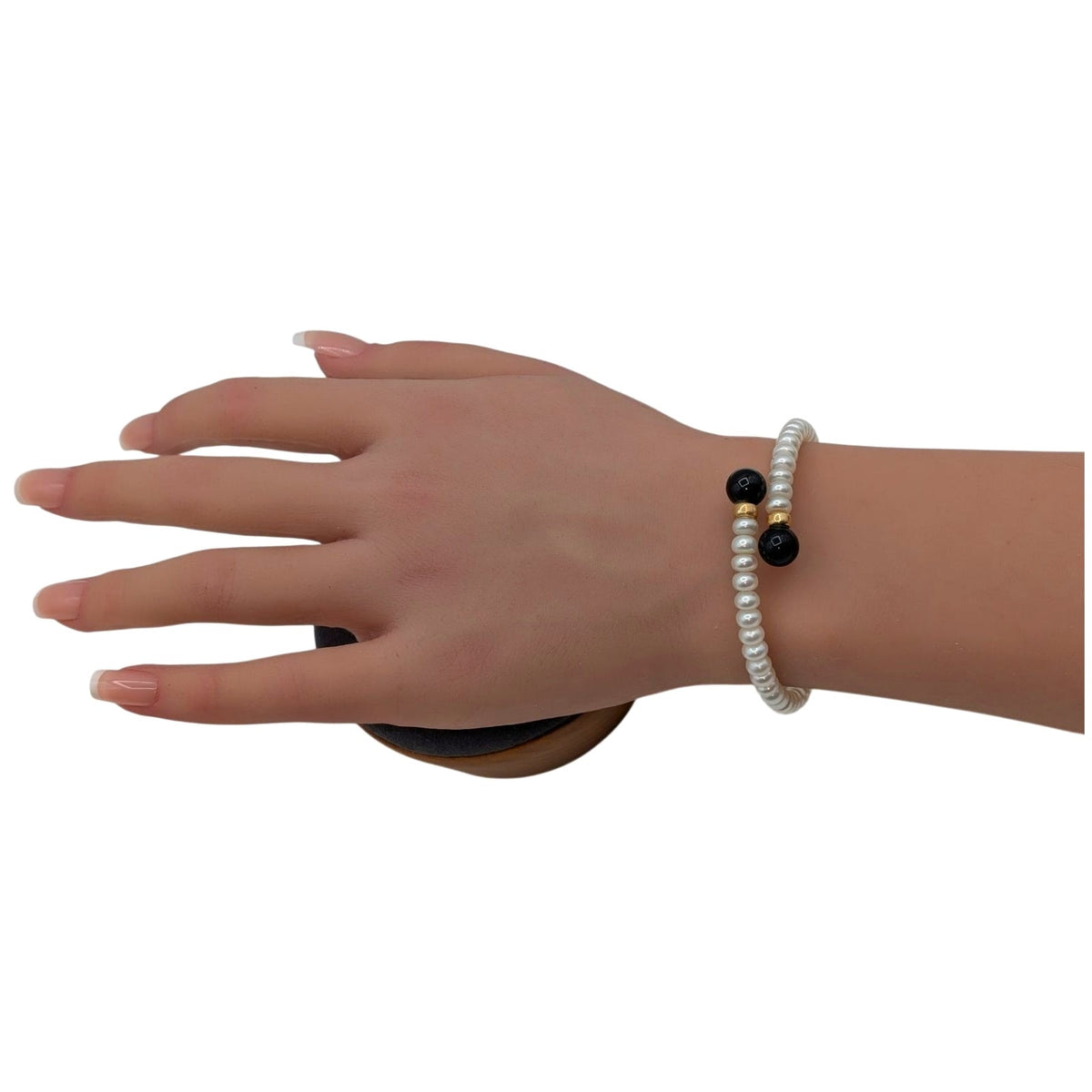 Freshwater Pearl Black Onyx End 14K Gold Accent Beaded Wire Wrap Bracelet