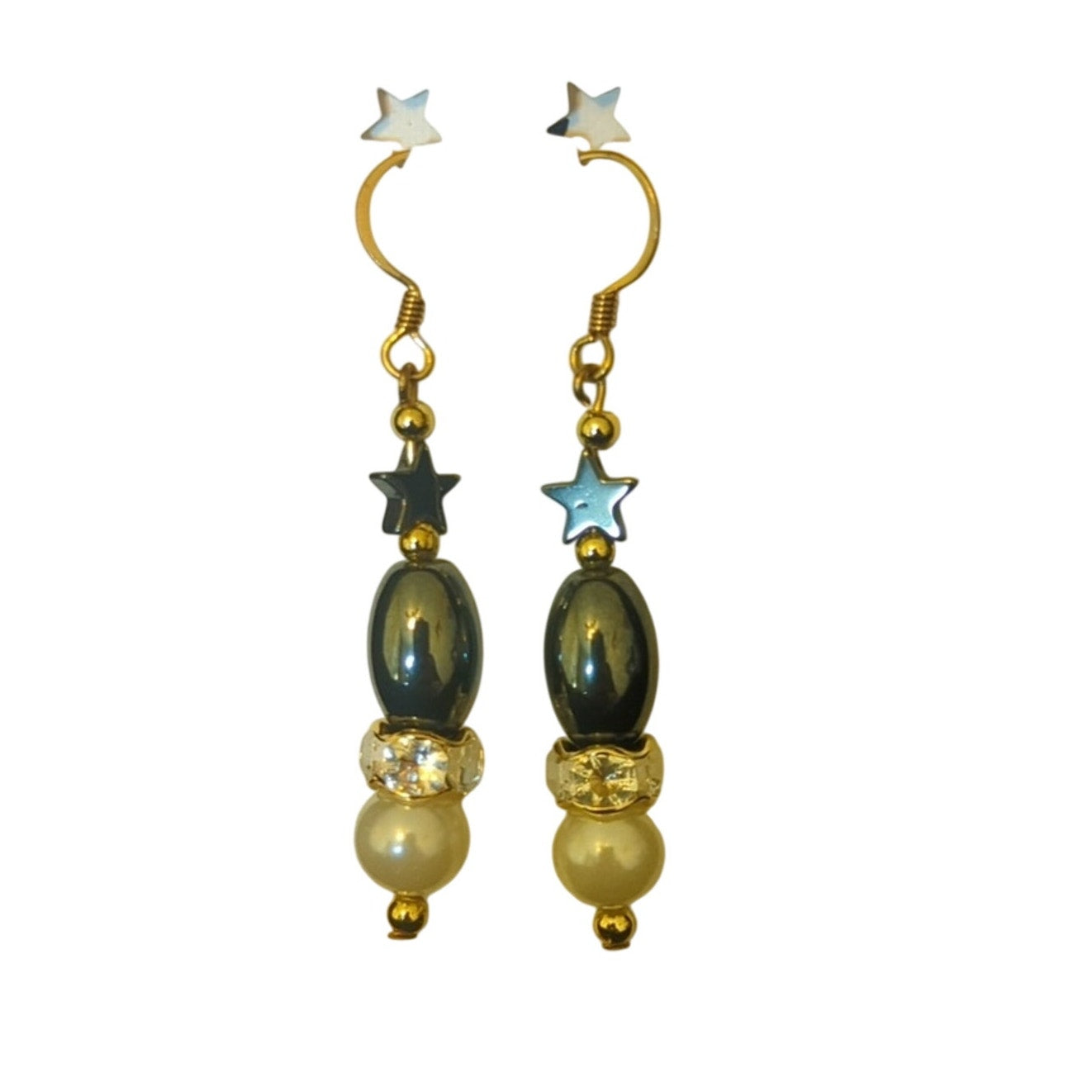 Handmade Hematite Crystal Star Gold Tone French Wire Dangle Earrings
