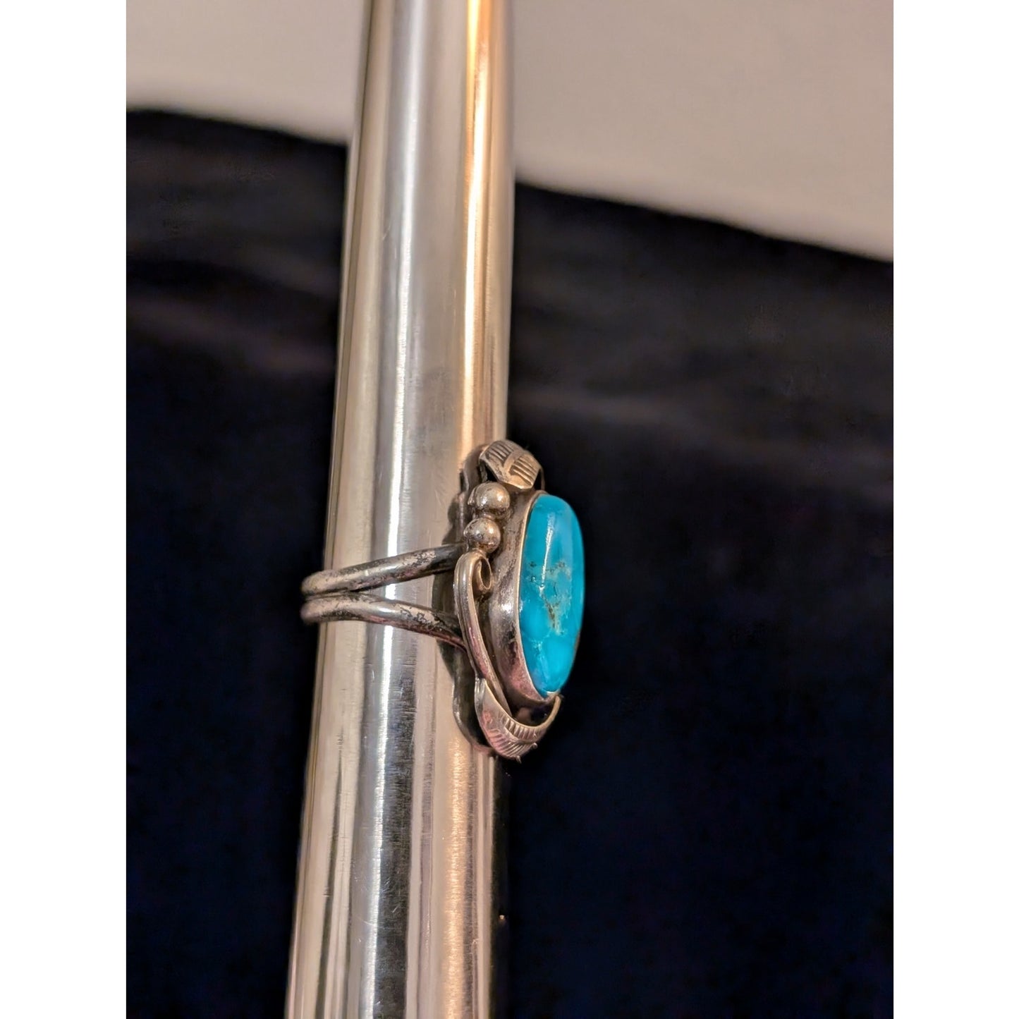 Vtg Southwestern Sterling Blue Turquoise Split Shank Feather Bead Ring Size 5