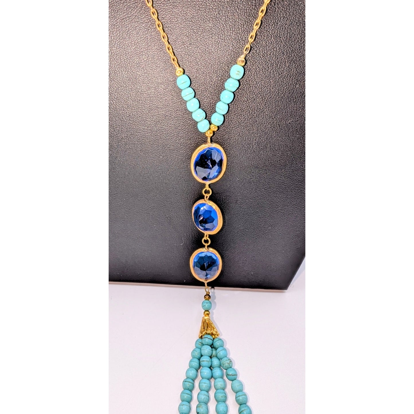 Dyed Howlite Sapphire Glass Gold Tone Bezel Set Tassel Slip Over 28" Necklace