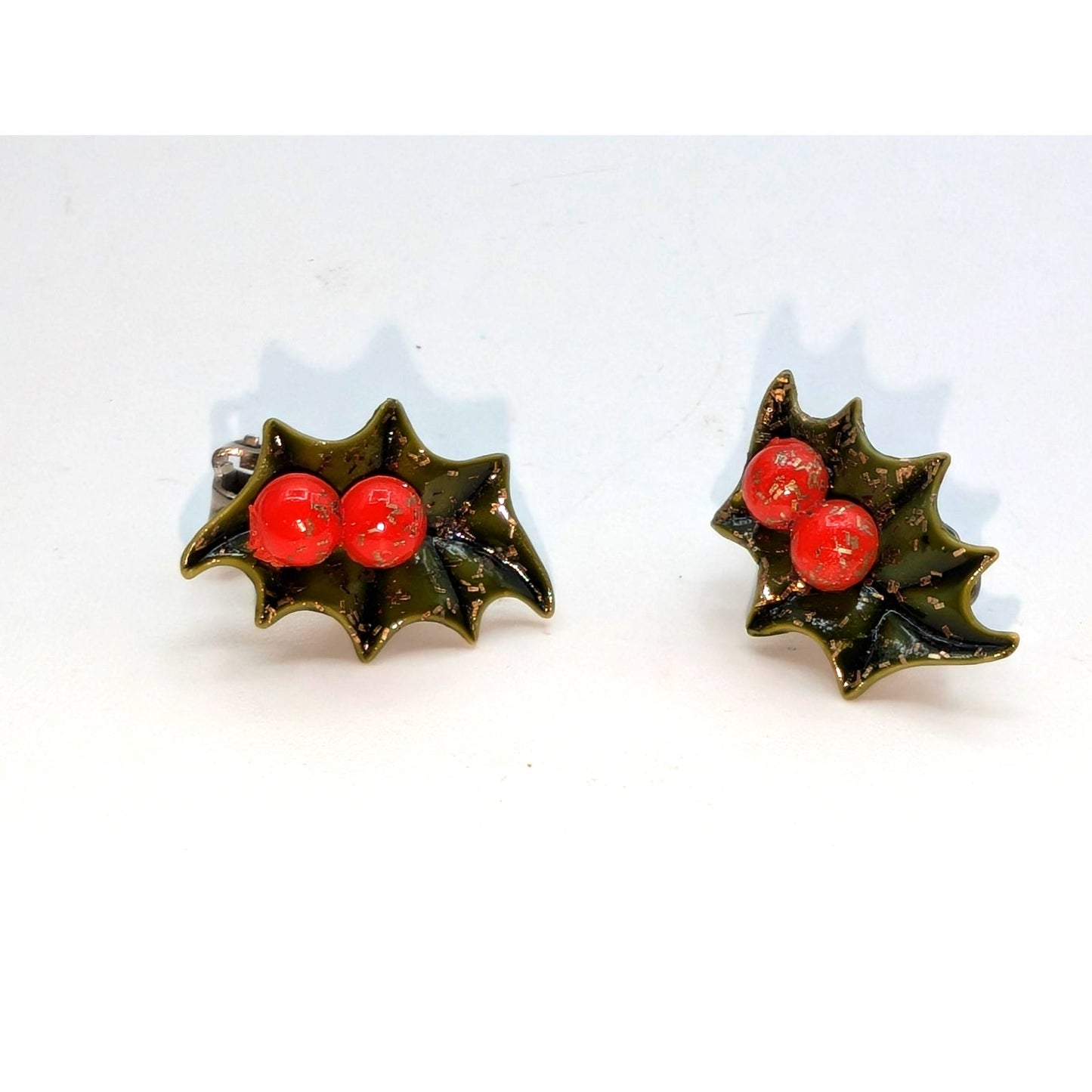 Vintage 50s Holly Berry Green Glitter Christmas Clip On 1" Earrings