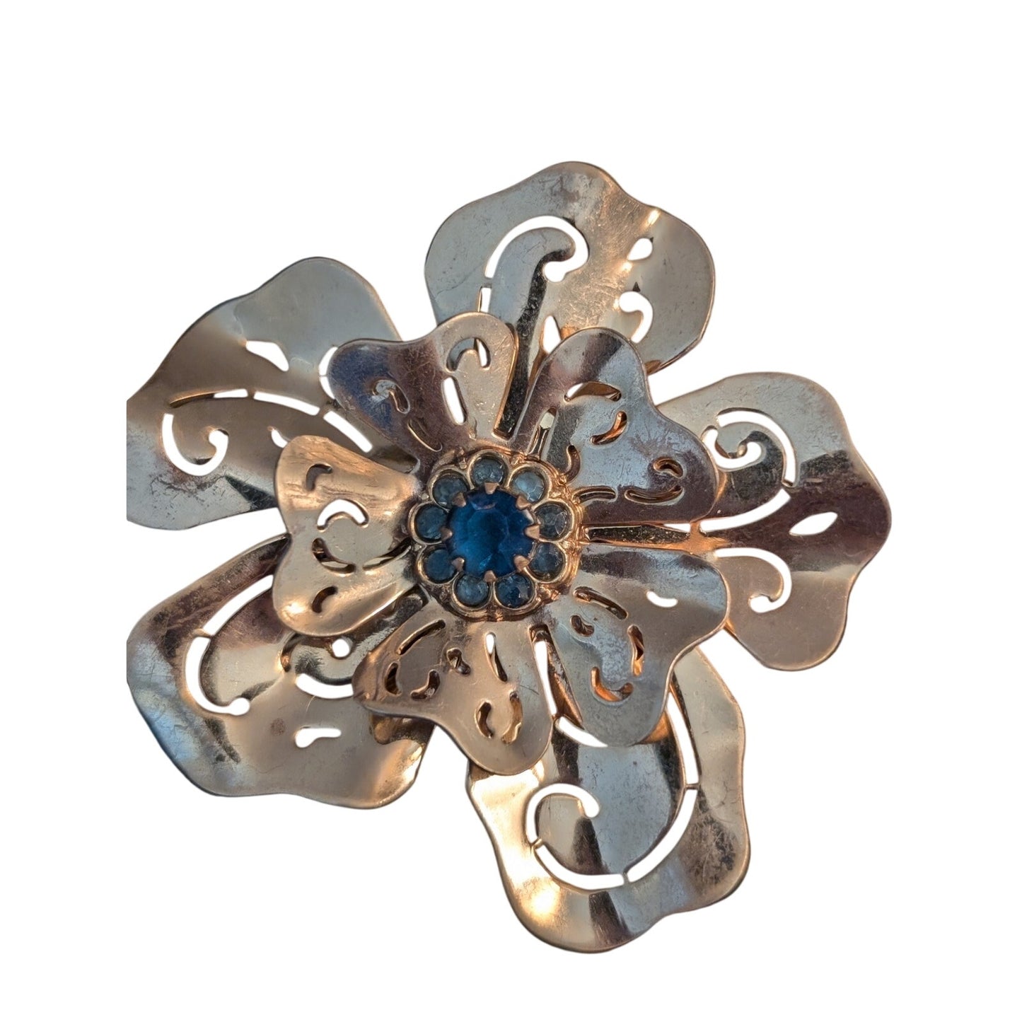 Vintage Gold Tone Cut Out 3D Blue Rhinestone Brooch