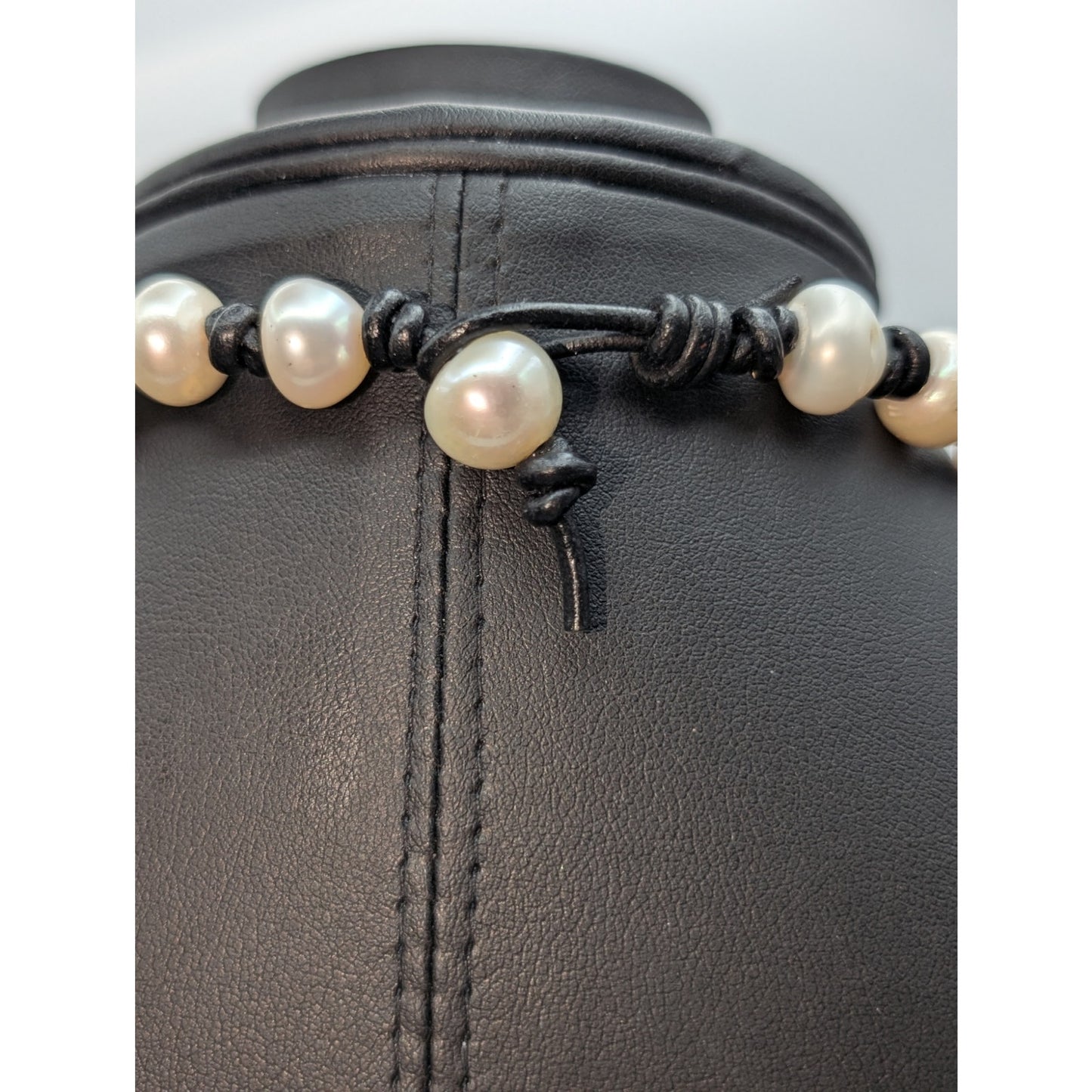 Boho Freshwater Pearl Leather Knotted Black Leather Tassel 36" Necklace