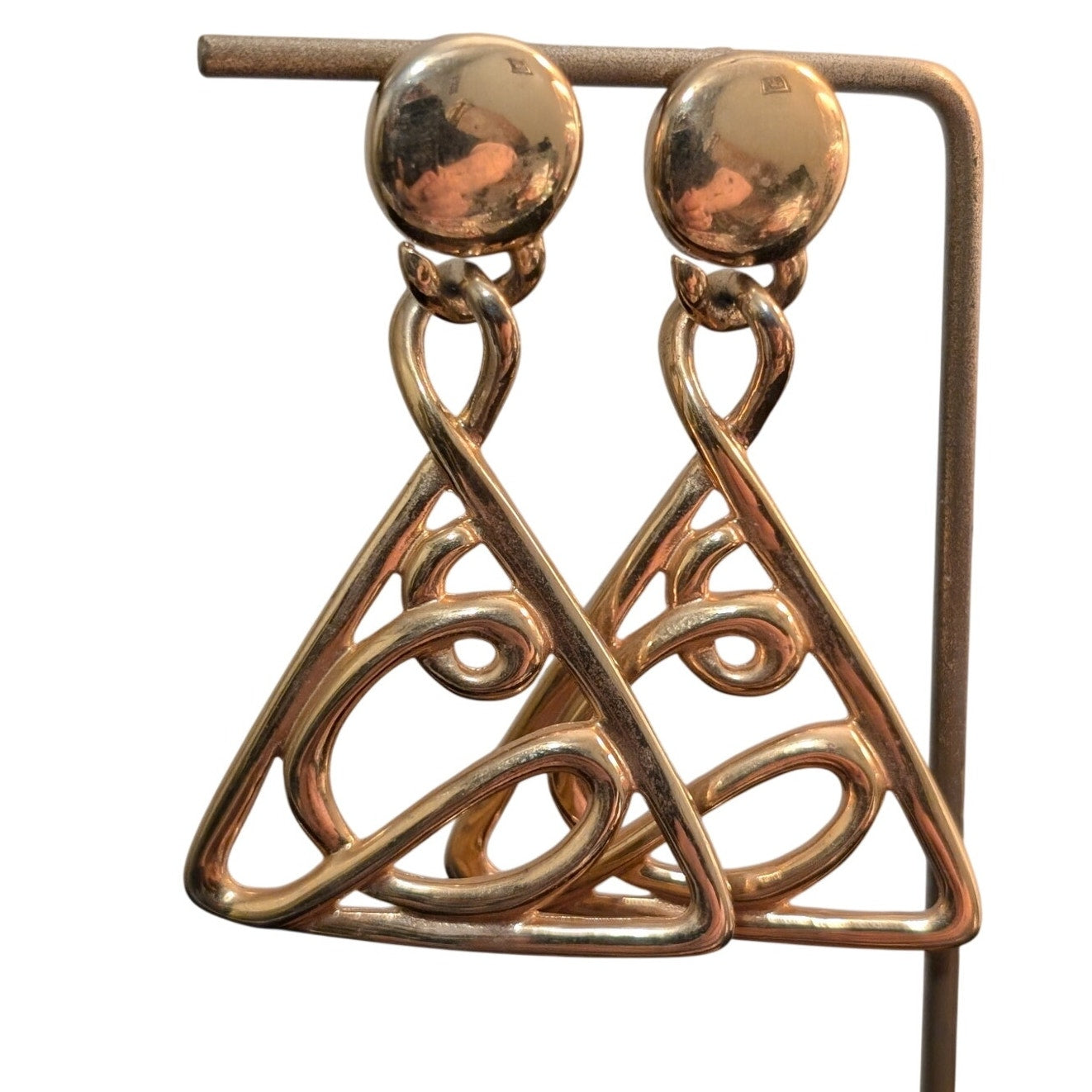 Vintage 80s Large Gold Plate Swirl Drop Triangle Dangle Pierced Earrings