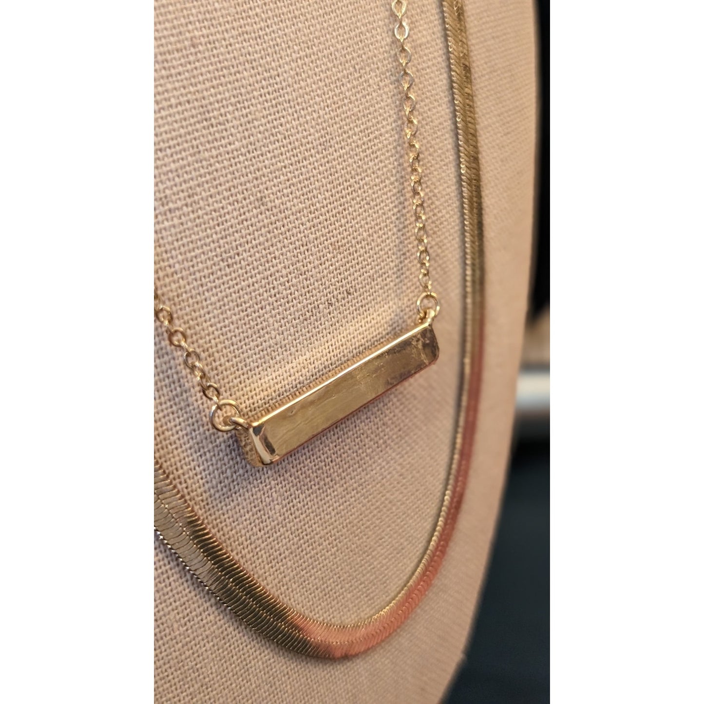 Gold Tone Double Layer Wide Herringbone & Druzy Bar Necklace