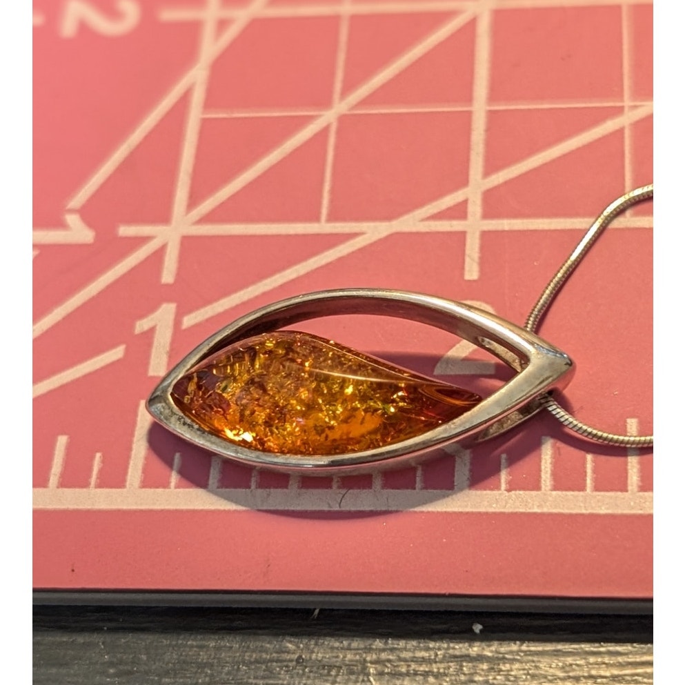 VTG Polish Gdansk Teardrop Amber 925 Sterling Pendant Snake Chain Necklace