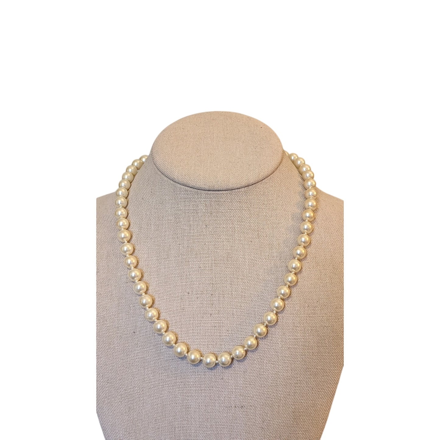 Vintage 8mm Glass Handknotted 18" Pearls With Silver Tone Fish Hook Clasp