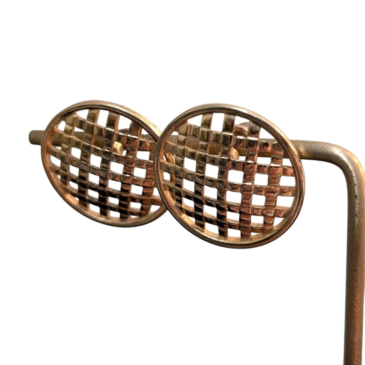 Vintage Gold Tone Hammered Basketweave Round Disk Post Earrings