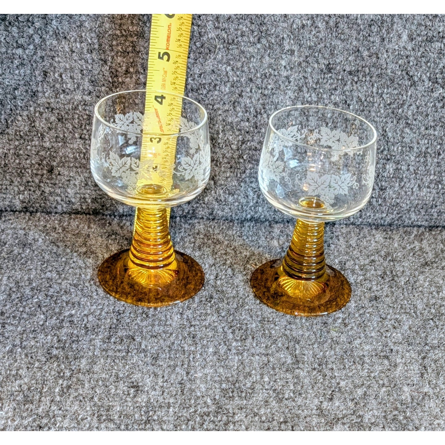 Two German Schott-Zwiesel Etched Grapes & Leaves Amber Stem Roemer Wine Glasses