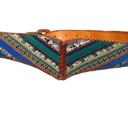 Vintage Colorful Tapestry Leather Chevron Whipstitch Edged Belt Size 34