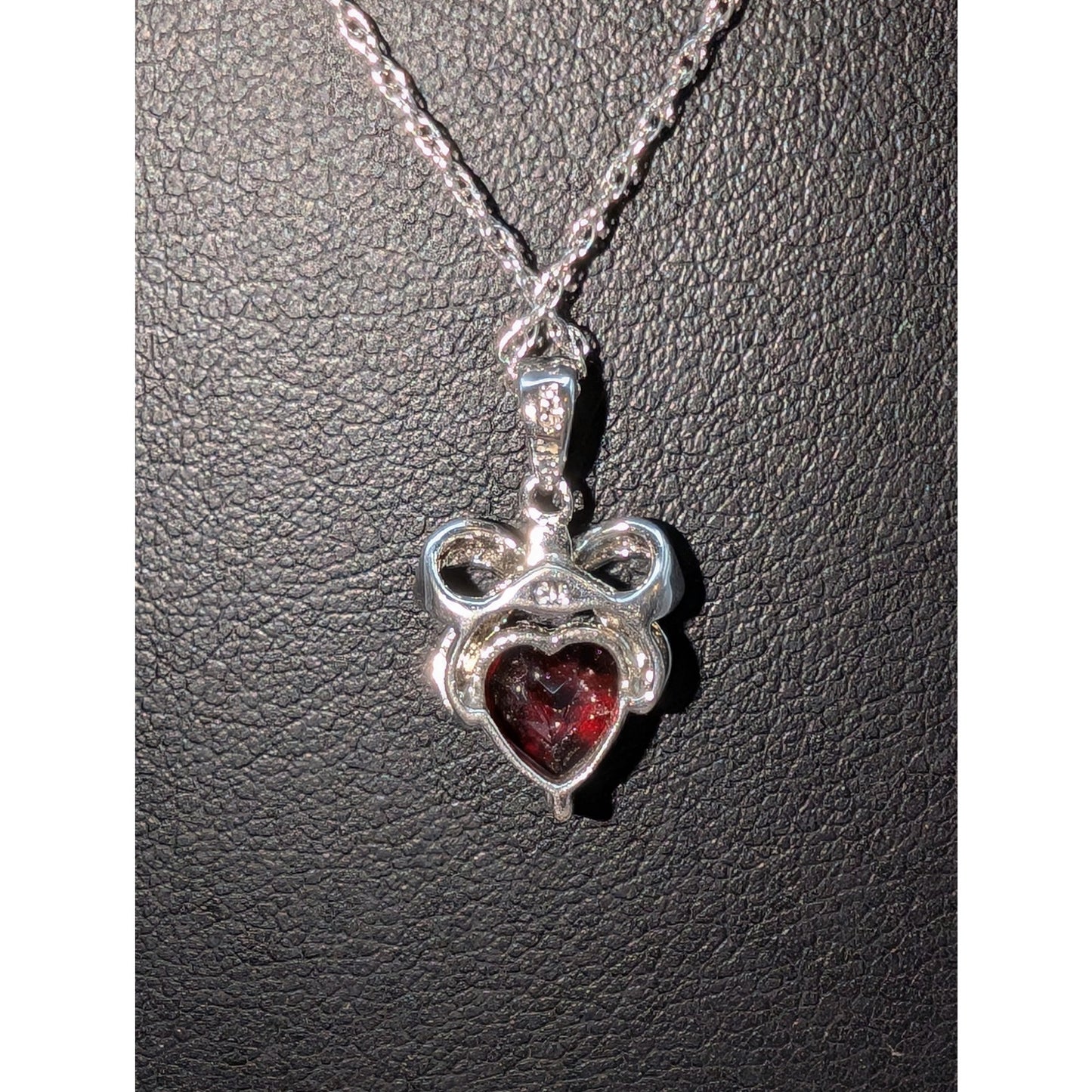 925 Sterling Silver Garnet Heart Bow Two Diamond Pendant 18.25" Necklace