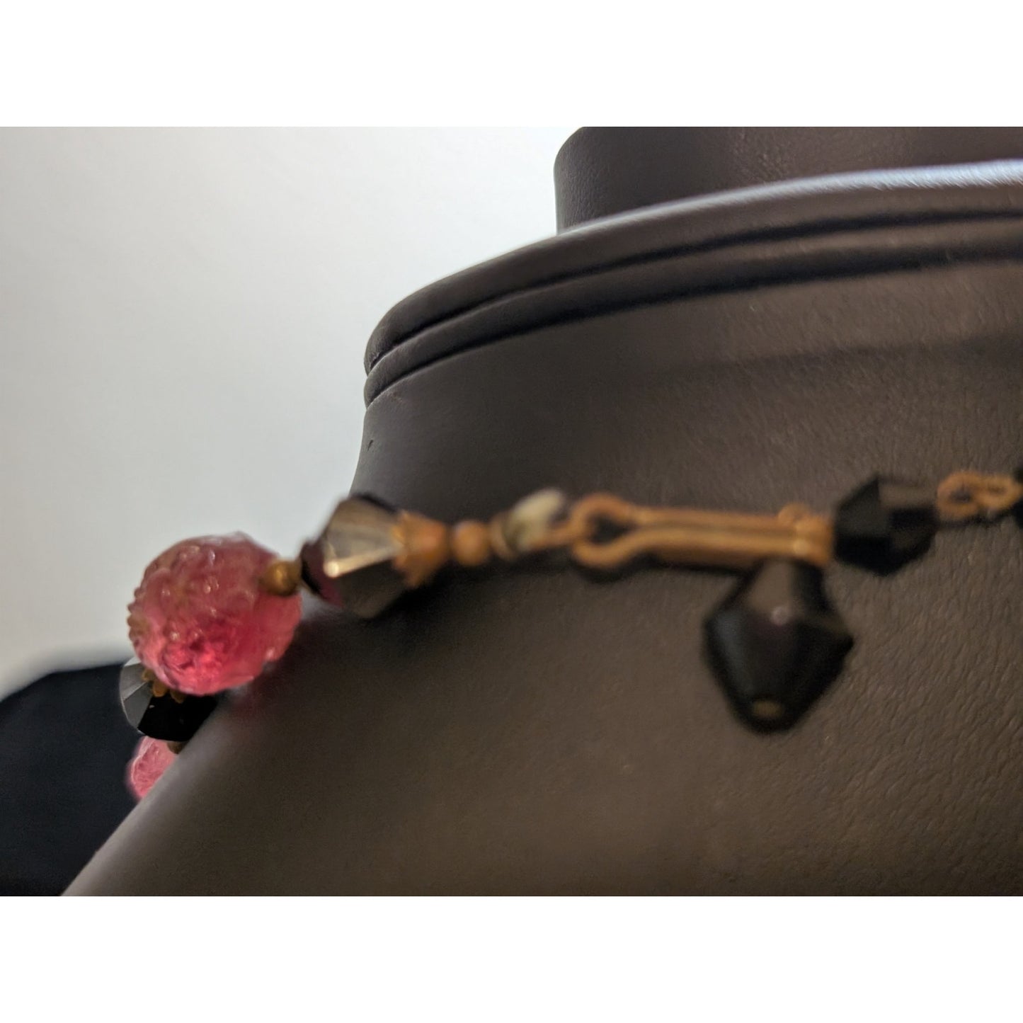 Antique Carved Strawberry Quartz Black Bi-Cone Brass Bead & Hook Clasp Necklace