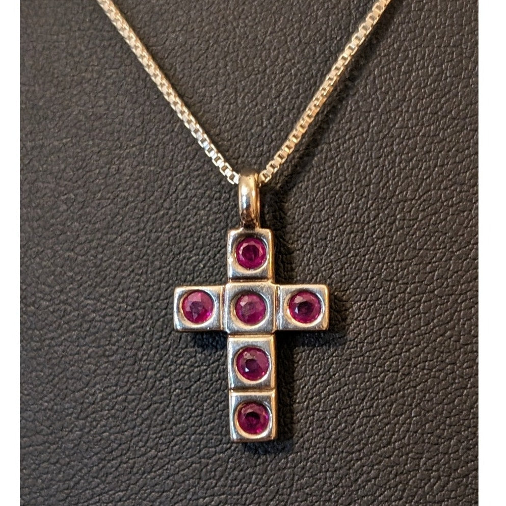 ELLE Signed Tested Ruby Cross Sterling Silver Pendant on 925 Box Chain Necklace