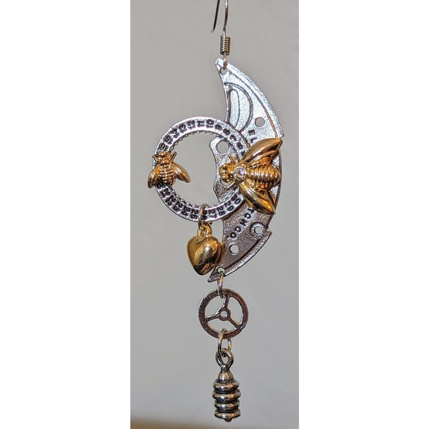 Steampunk Mechanical Clock Bee Gear Heart Two Toned Large Statement Earrings