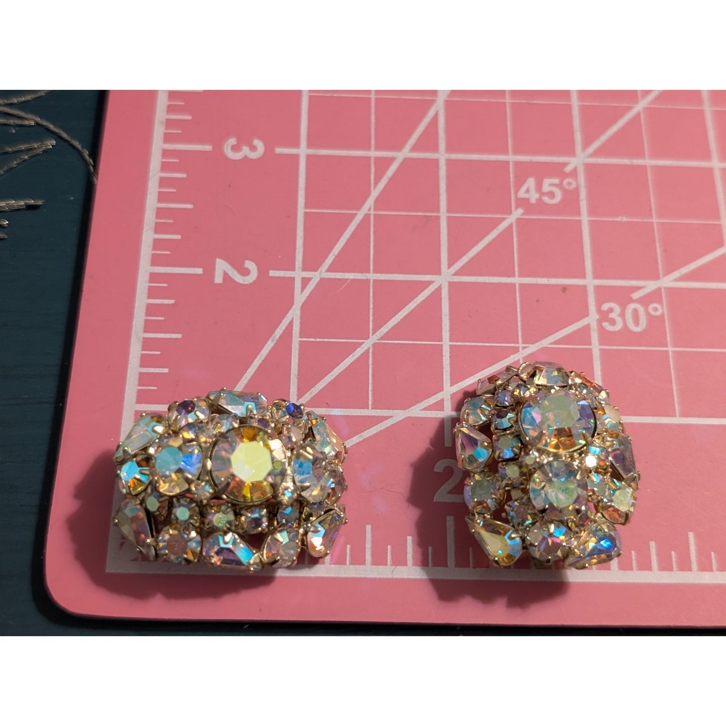 Spectacular Vintage AB Rhinestone Crystal Gold Tone Statement Clip On Earrings
