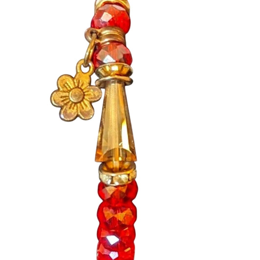 Red Crystal Bead Flower Dangle Charm Gold Tone Stretch Bracelet