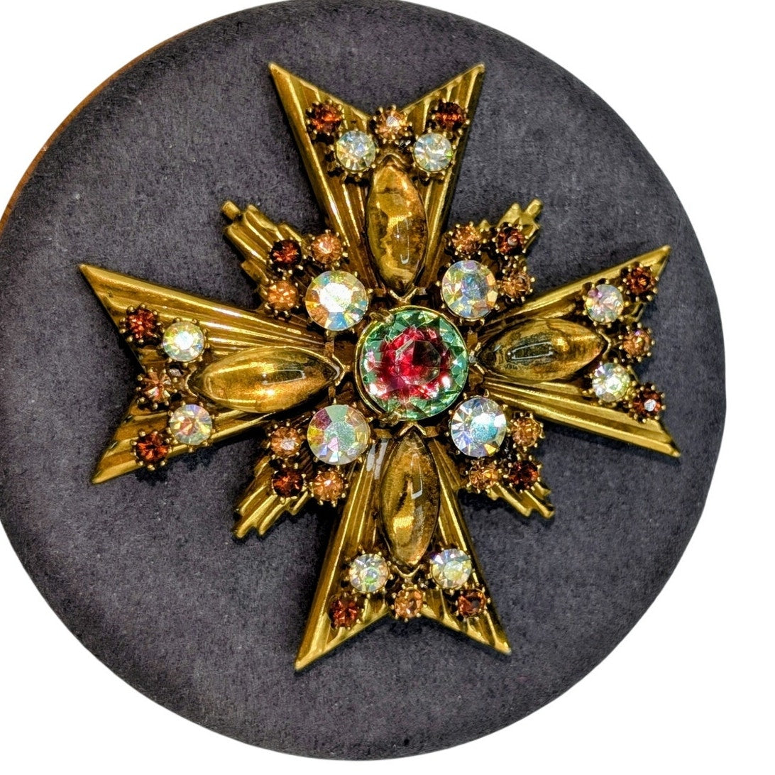 Vintage Florenza Watermelon Maltese Cross Rhinestone Art Glass Brooch Pendant