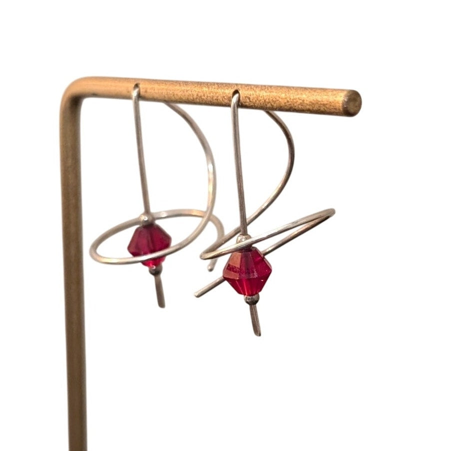 Vintage Signed ME 925 Sterling Red Crystal Bead Ear Spiral Ear Wire Earrings