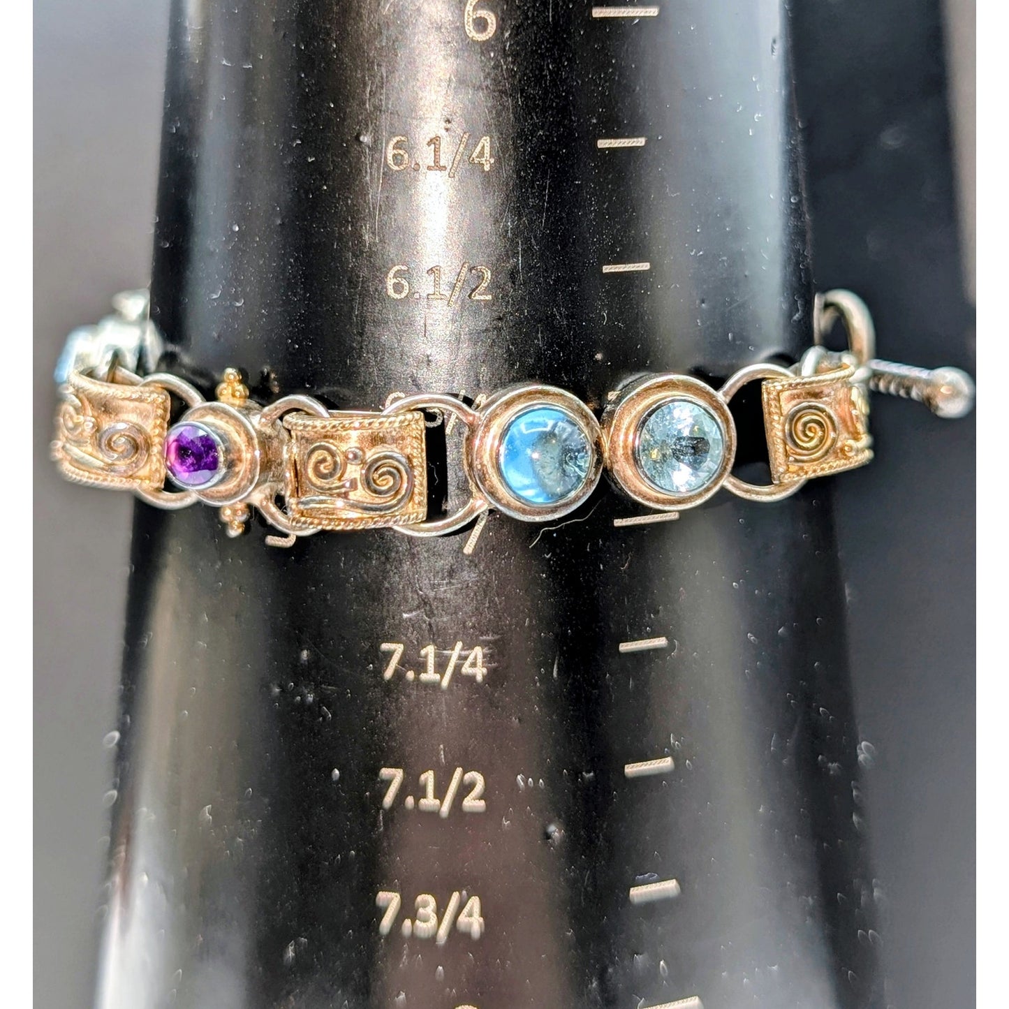 Vtg 925 Sterling Silver Blue & Purple Gemstone Etruscan Design Toggle Bracelet