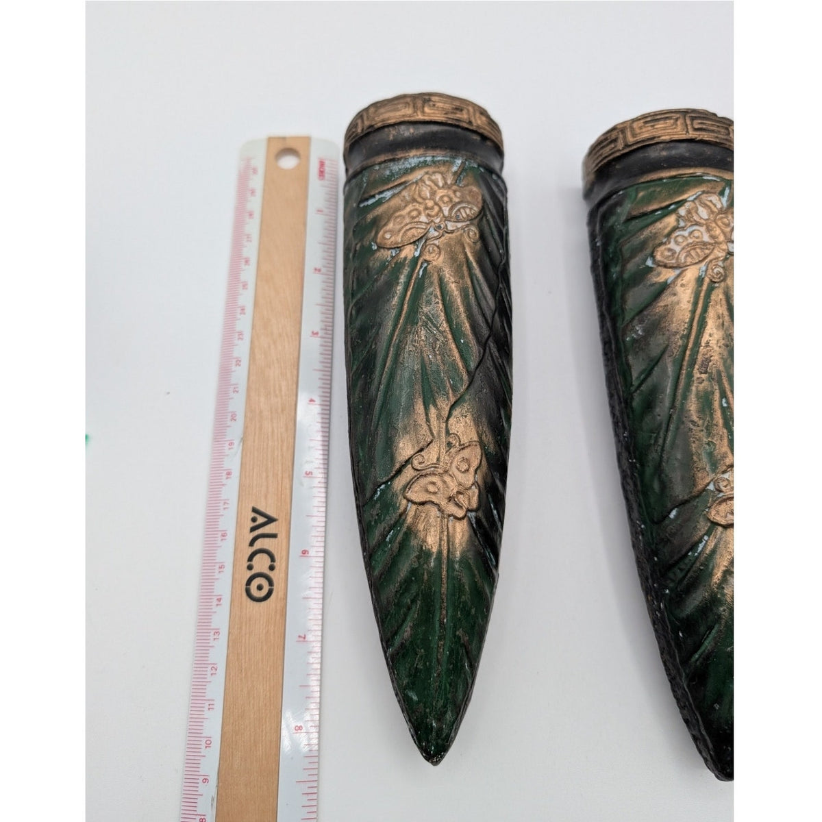 Vintage to Antique Tokanabe Pair Green Black Gilt Japanese Wall Pocket Vases