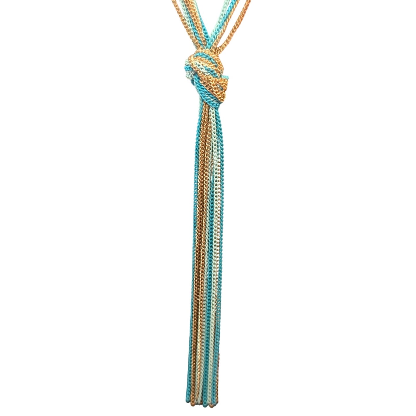 Multi-Blue & Gold Chain Knotted Tassel Long Necklace