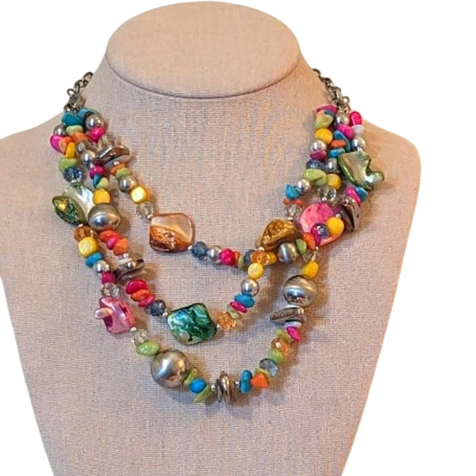 Rainbow Colored Shell and Stone Chip Beaded Silver Tone Necklace