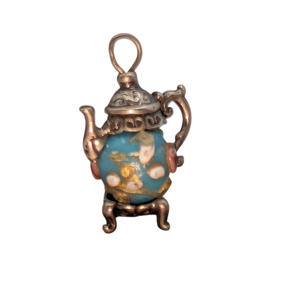 Vintage Nuvo Sterling Teapot Charm Blue Lampwork Glass Bead
