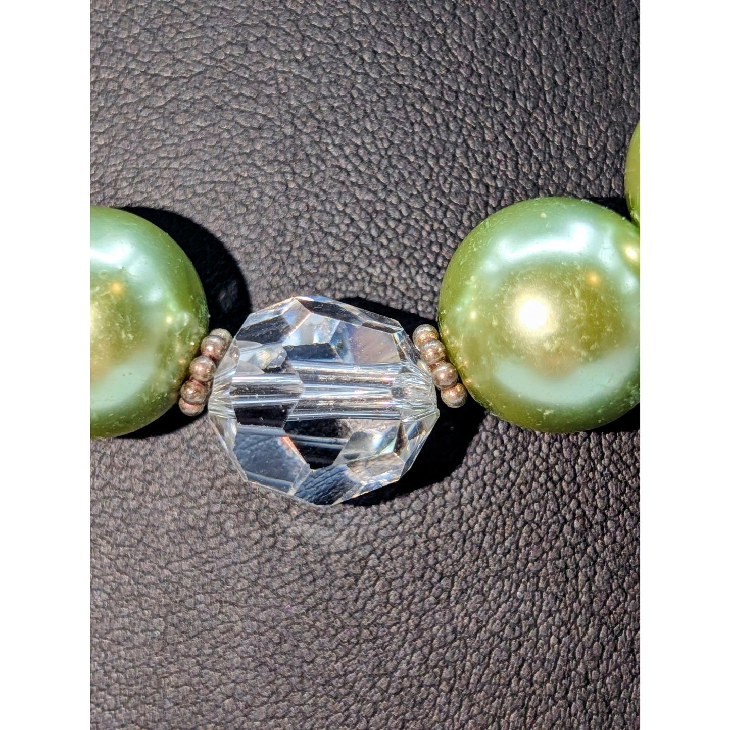 925 Sterling Silver Large Green Faux Pearl Glass Crystal Bead Necklace