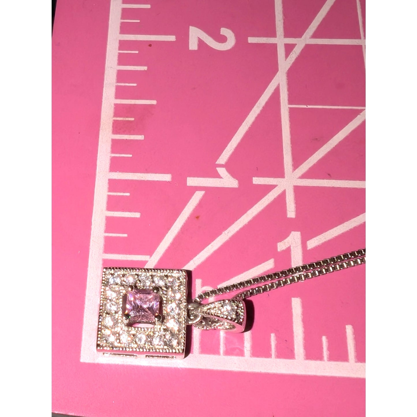 925 Sterling Silver Pink Square Crystal CZ Surround Square Pendant 18" Necklace