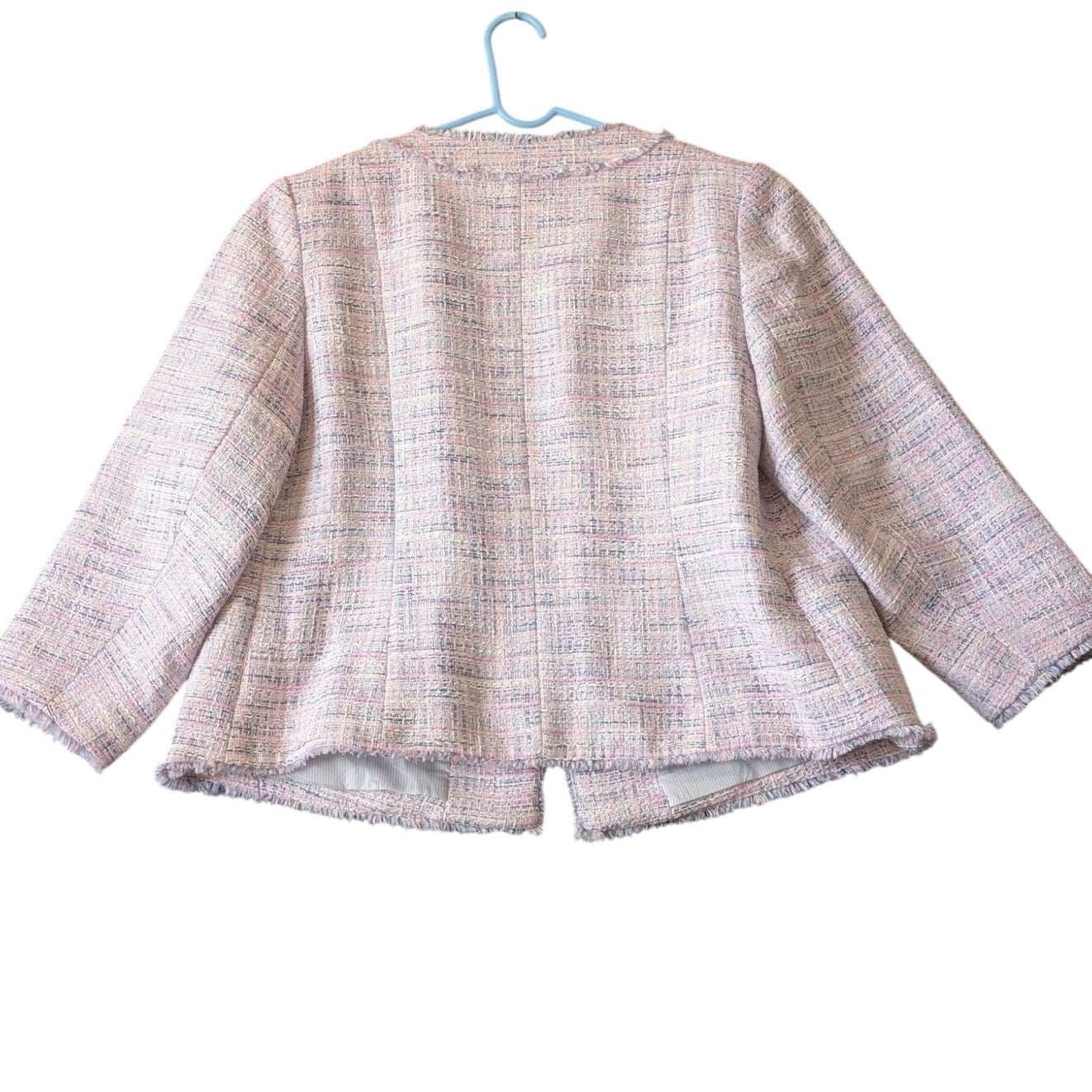 Talbots Blue Pink White Fringe Tweed Boxy 3/4 Sleeve Blazer Jacket Womens 16W
