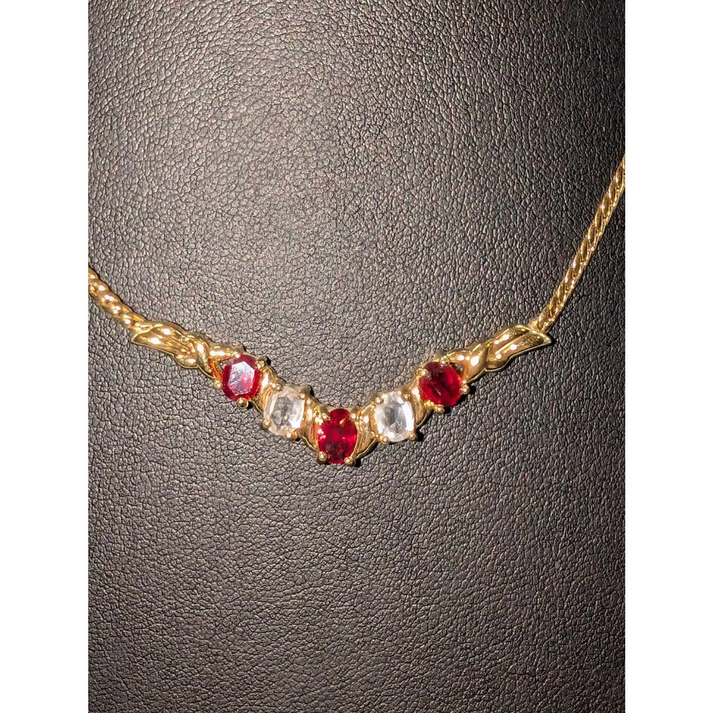 Vintage Center 'V' Red & Clear Glass Stone Gold Tone Chain 16"-18" Necklace