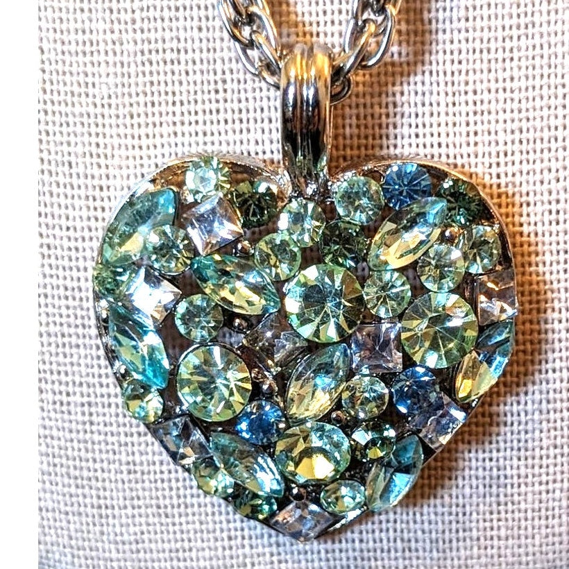 Vintage Blue Green Clear Multi-Shape Crystal Heart Pendant 21" Necklace