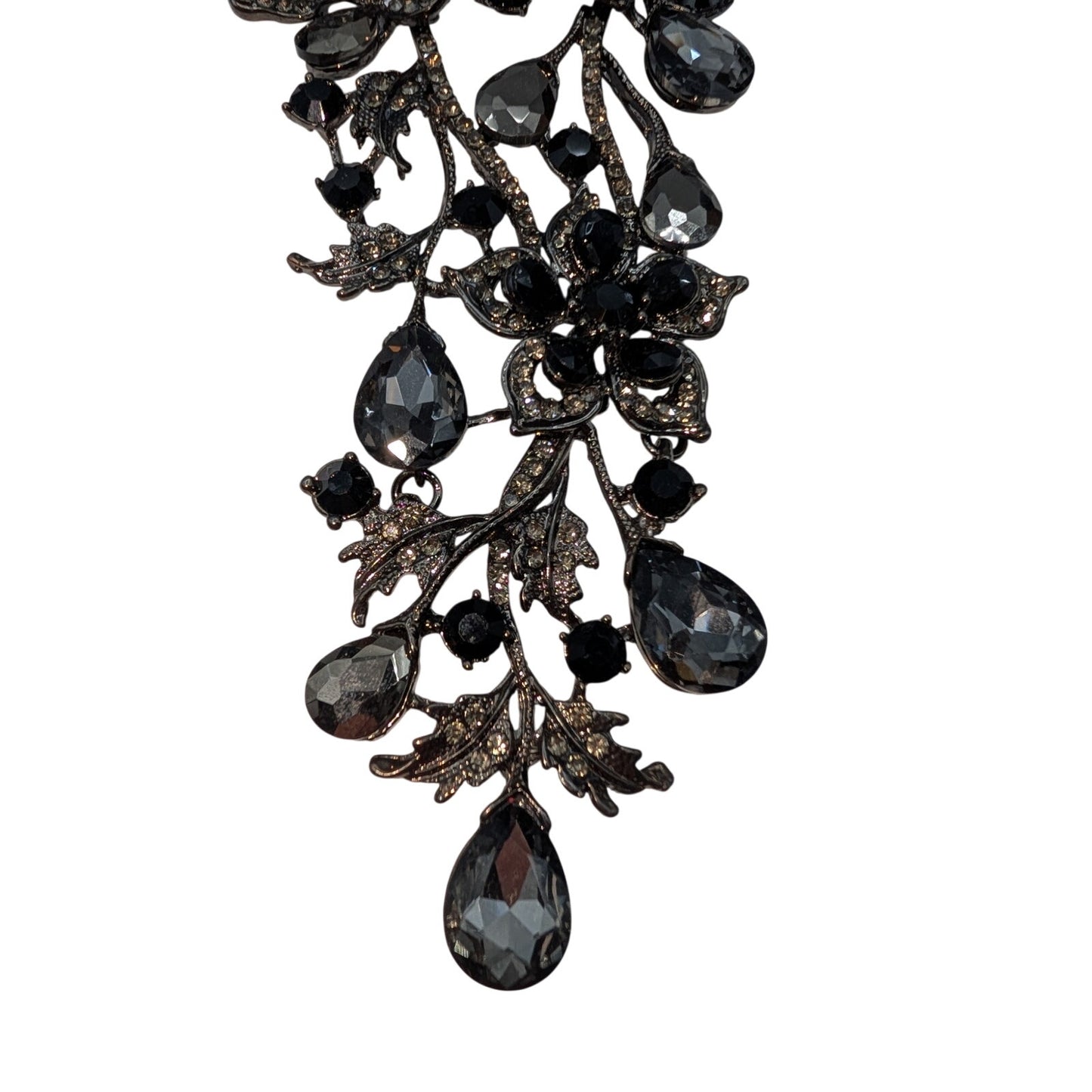 Natasha Flower Power Black Gray Metallic Stone Gun Metal Cascade Necklace