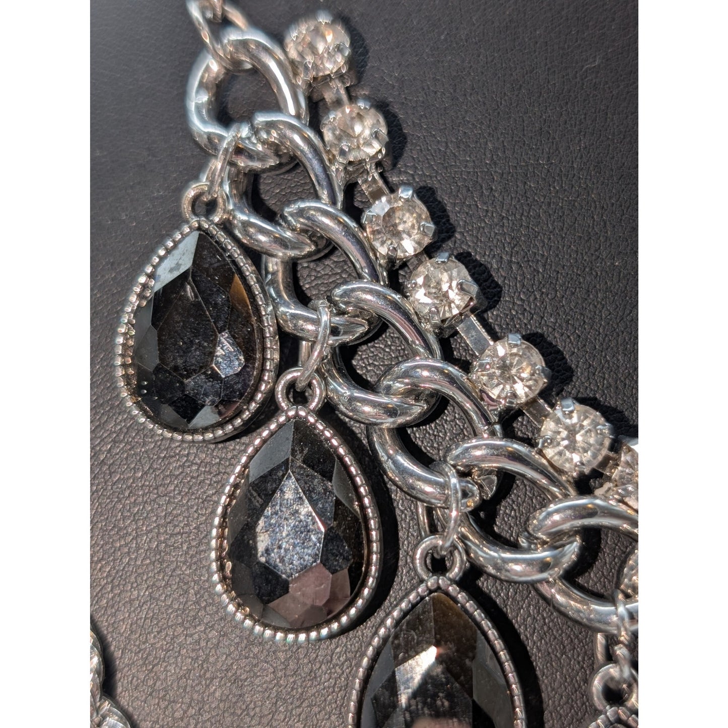 Lot of Two Silver Tone Rope Chain & Rhinestone Teardrop Dangle Necklaces