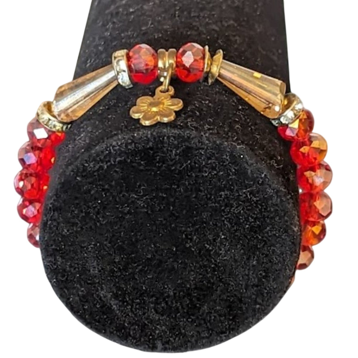Red Crystal Bead Flower Dangle Charm Gold Tone Stretch Bracelet