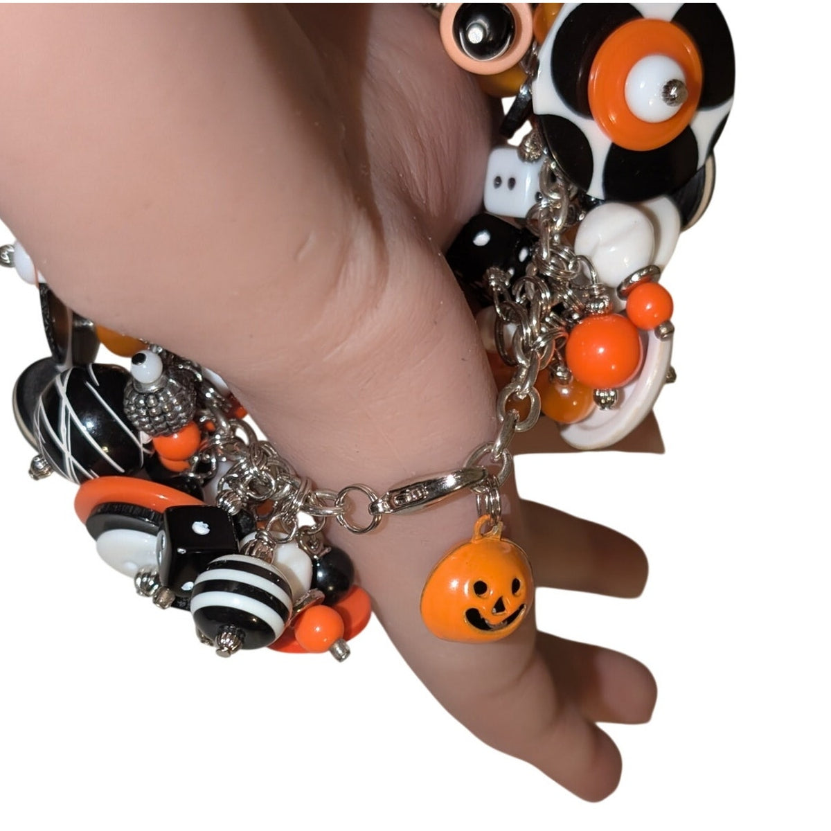 Vintage Artisan OOAK 90s Halloween Button Bead Pumpkin Charm Costume Bracelet