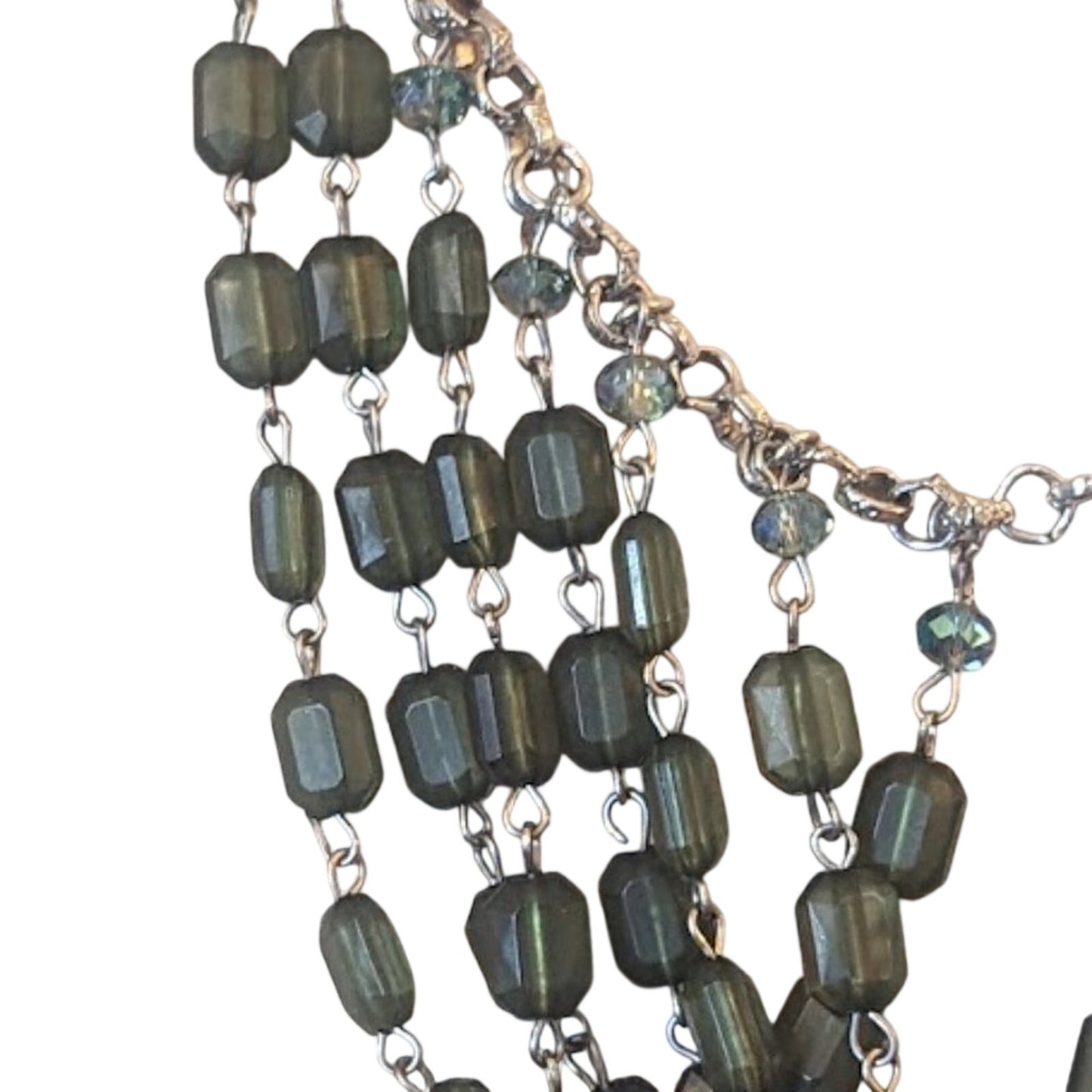 Cascading Bibbed Green Bead Silver Tone Statement Necklace