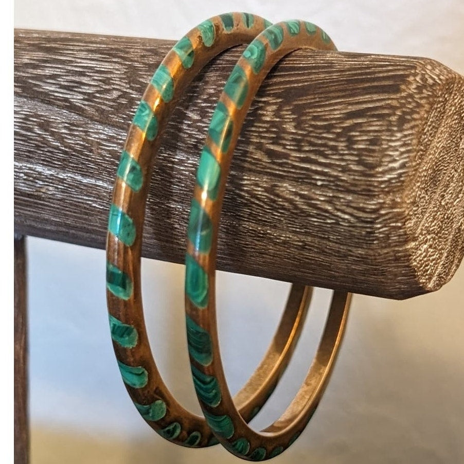 Vintage Thin Malachite Inlaid Brass Metal Bangle Bracelet Set of Two