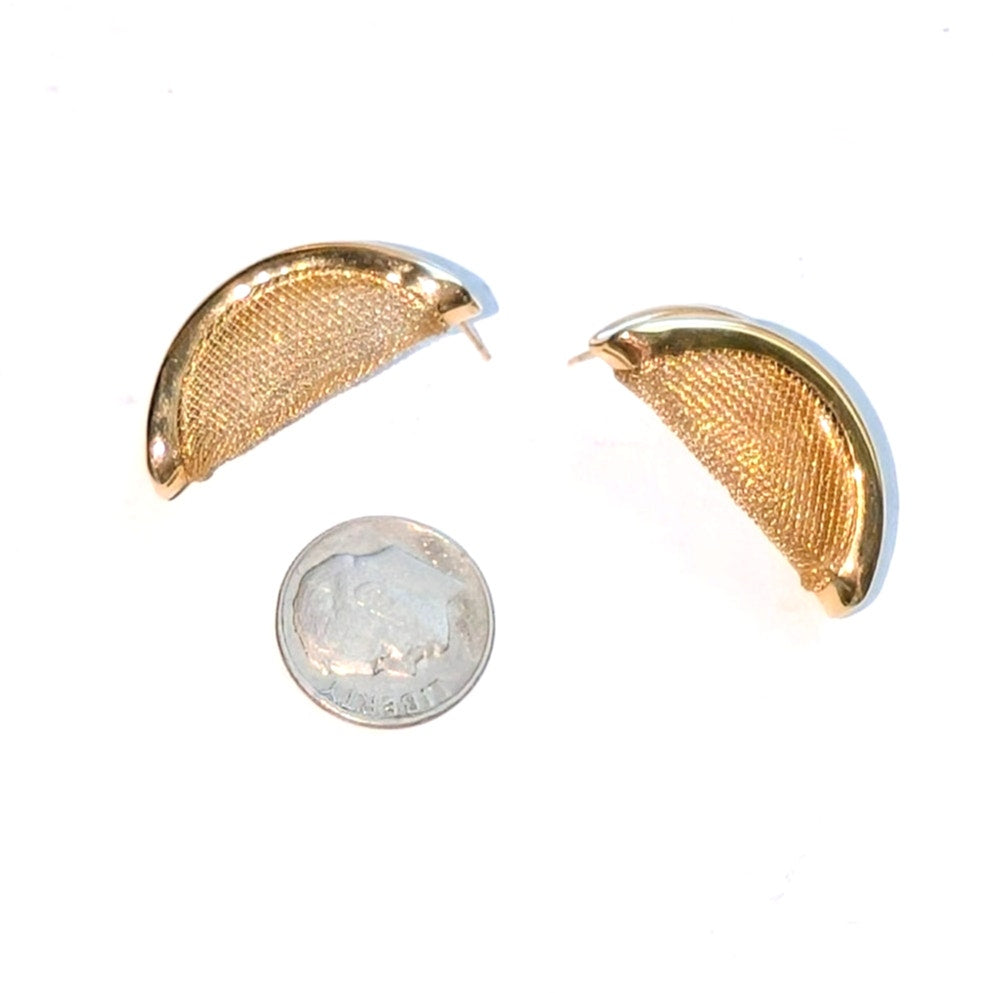 Vintage Gold Tone Mesh Fortune Cookie Pierced Earrings