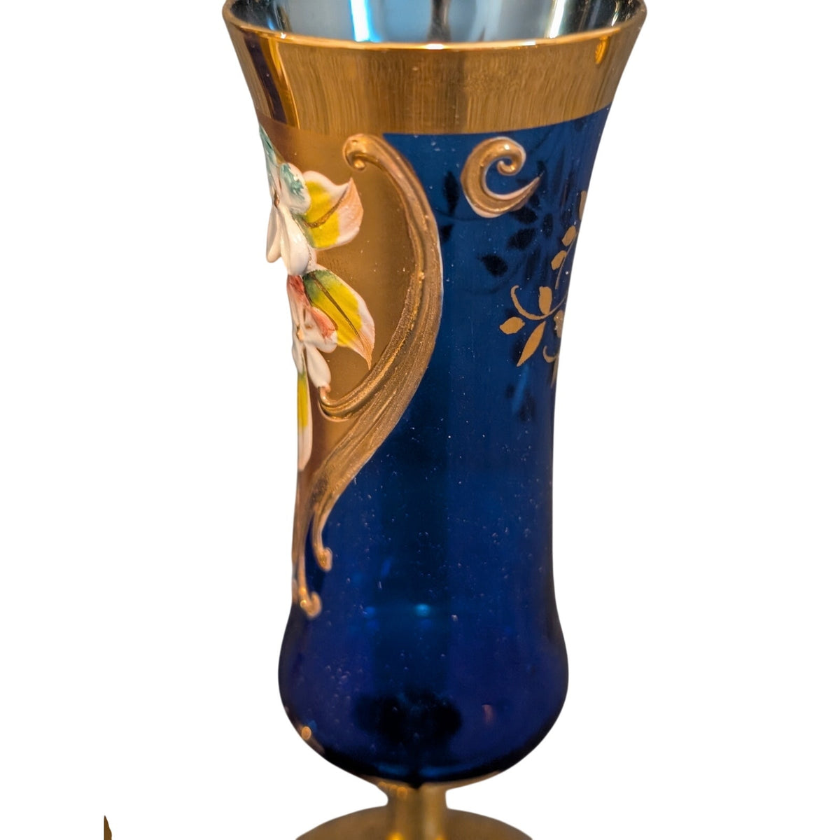 Vtg 50s 2 Cobalt Stem Sherry Glasses Tre Fuochi Murano Italy Venetian Heavy Gilt
