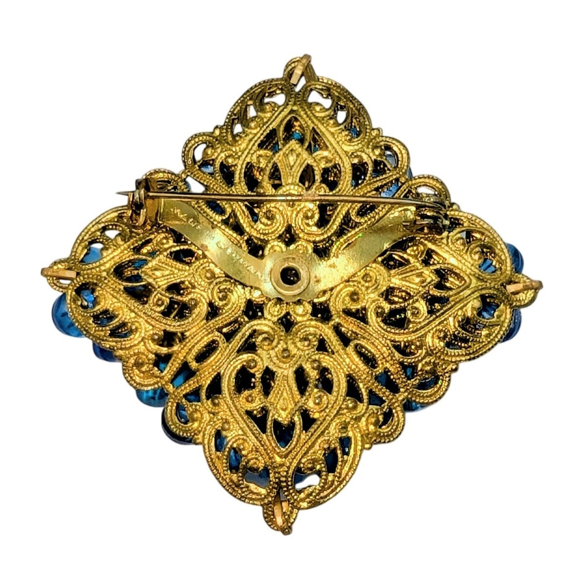 Vintage Signed Made in Germany Gold Tone Blue Floral Rhinestone Filigree Brooch