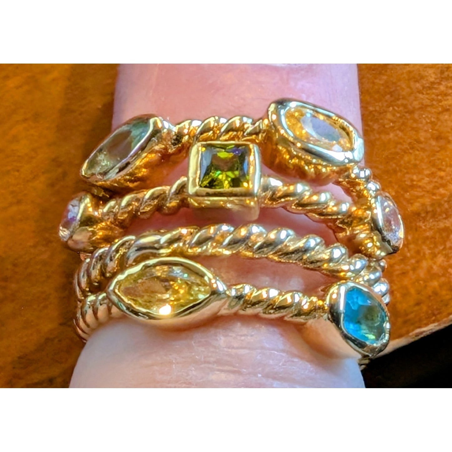 Four Stackable 925 Sterling Vermeil Bezel Set Crystal Gold Tone Rope Band Rings