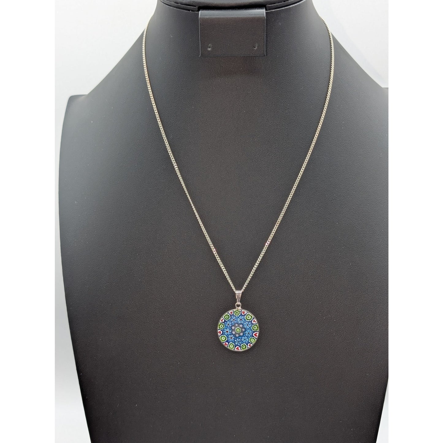 Signed M Italy 925 Murano Glass Millefiori Pendant 20" Sterling Chain Necklace