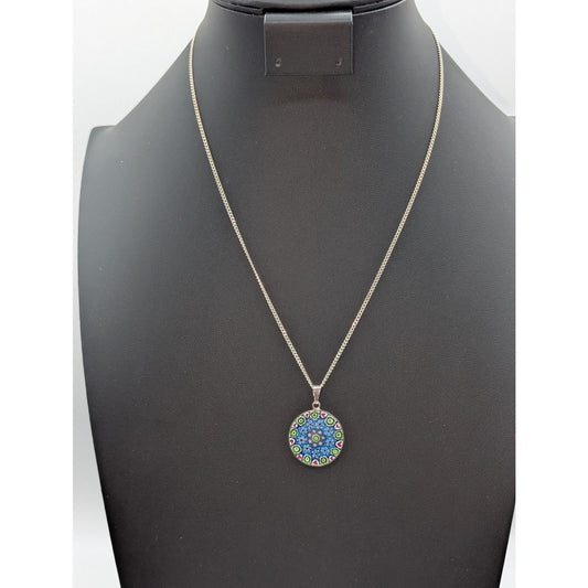 Signed M Italy 925 Murano Glass Millefiori Pendant 20" Sterling Chain Necklace