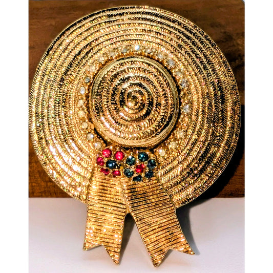 Ciner Signed VTG Gold Tone Multi-Color Clear Rhinestone Straw Hat Pin Brooch
