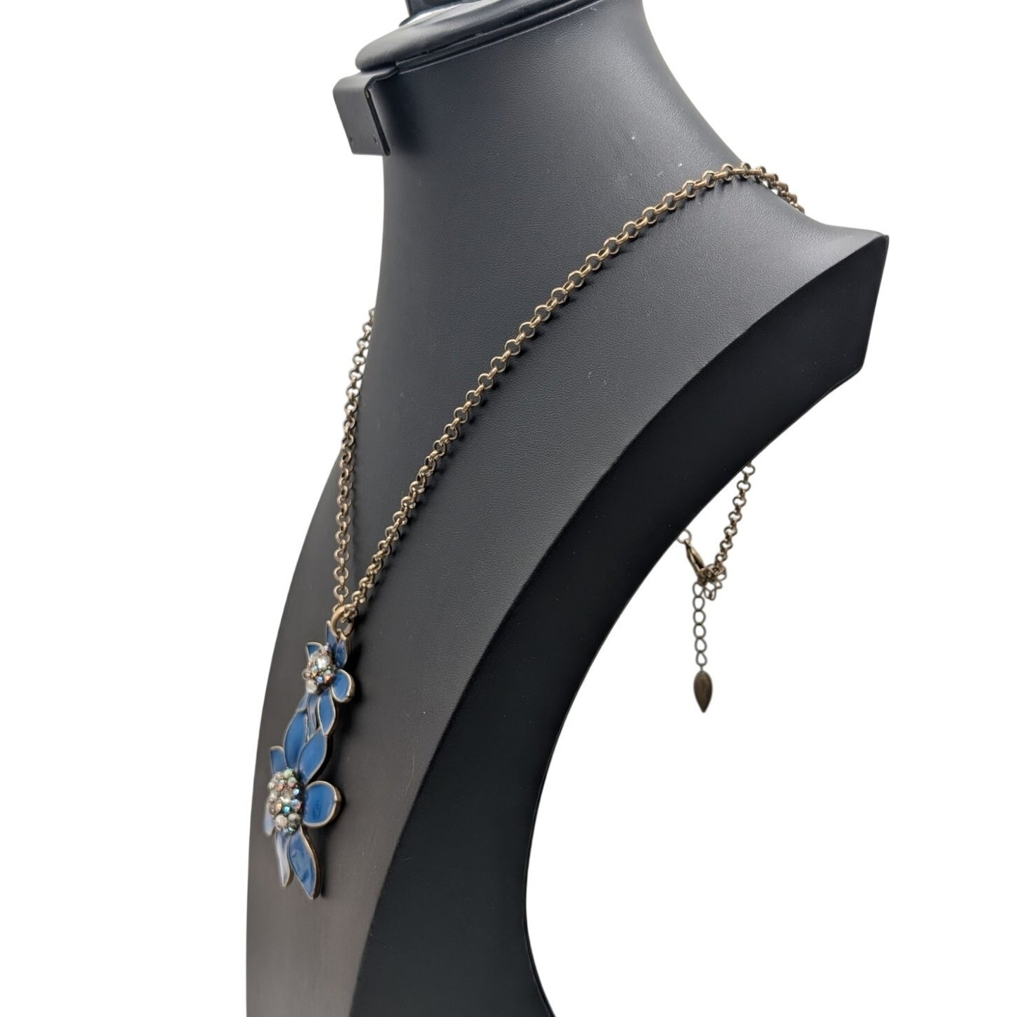 Coldwater Creek Blue Enamel AB Rhinestone Floral Antiqued Gold Chain Necklace