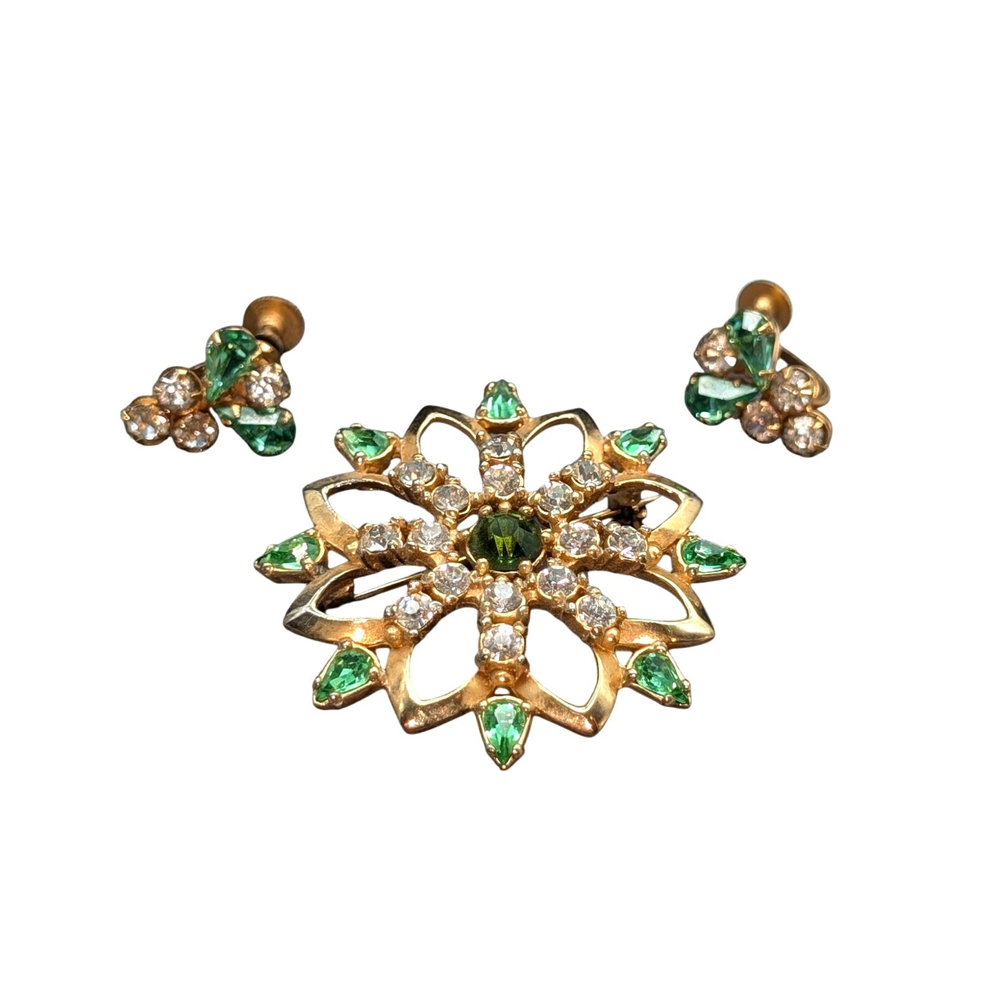 Vintage Green & Clear Rhinestone Gold Tone Brooch & Screw On Earrings