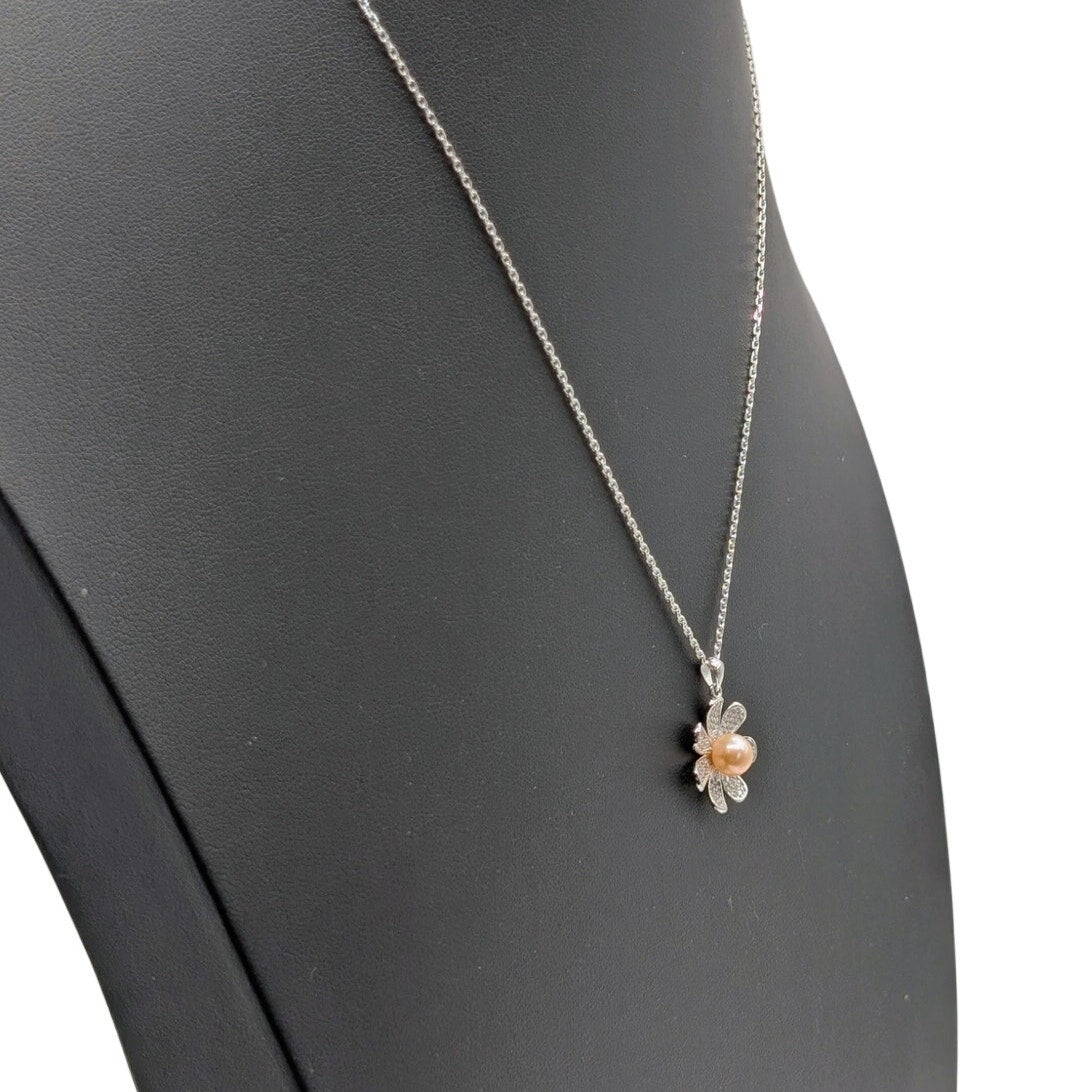 Vantel Pearls 925 Sterling Pearl in CZ Encrusted Flower Pendant Chain Necklace