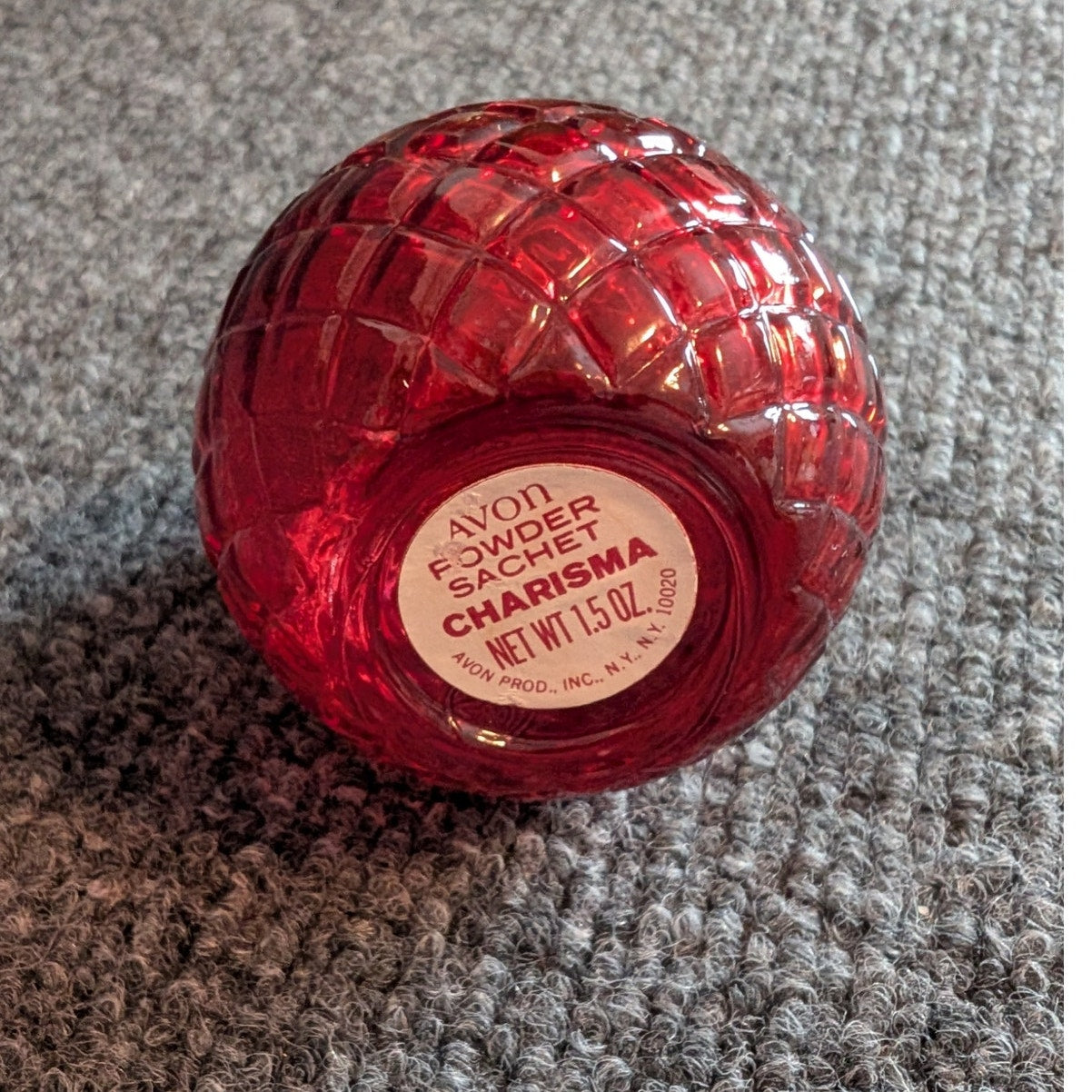 Vintage Avon Red Glass  1.5 Oz Charisma Powder Sachet Shaker Bottle